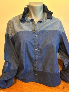 Calvin Klein Jeans Tri-Tone Blue Button-Down Ruffle collar Shirt